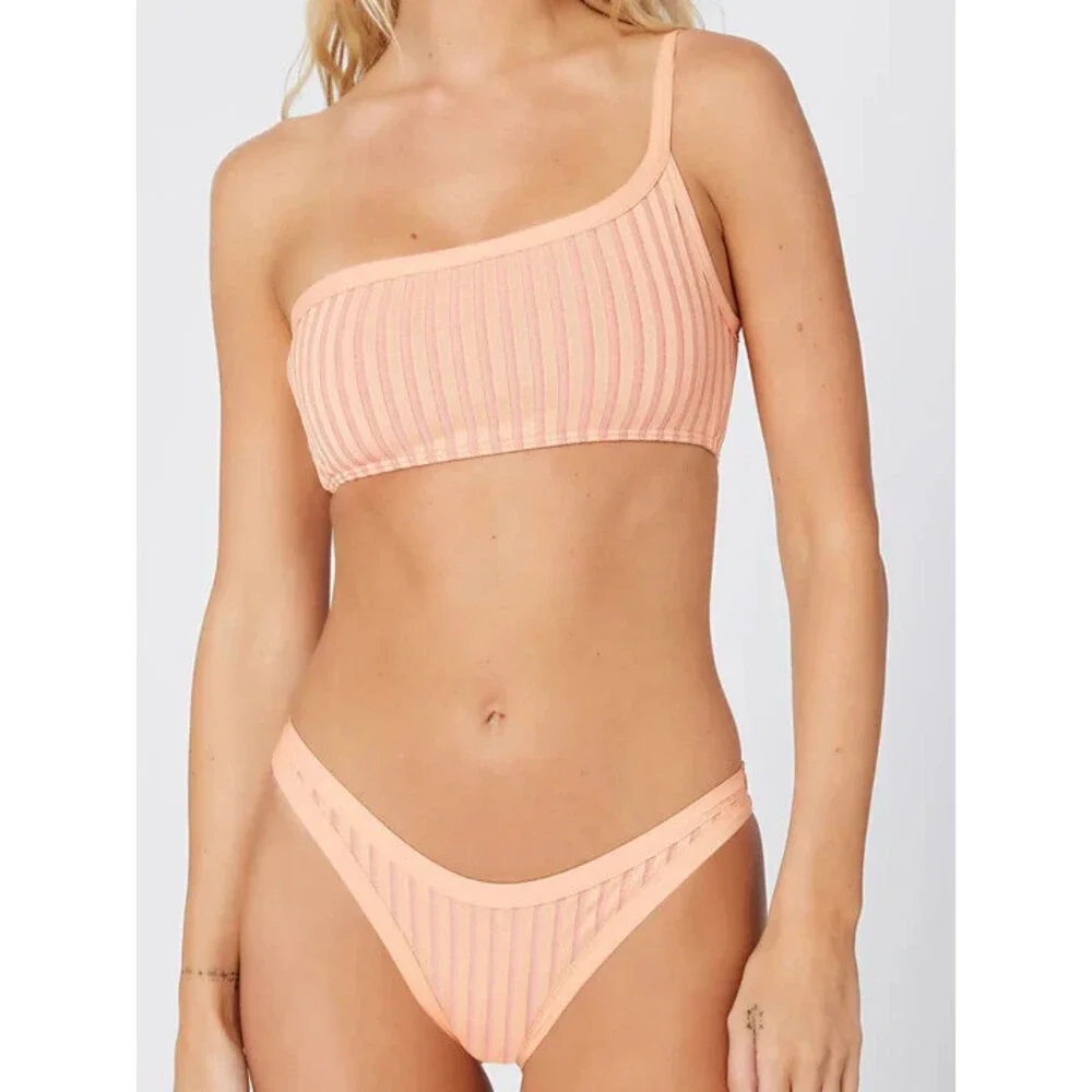 L*Space Foley Bitsy Bottom Women's Large Peach Striped Stretch Swimwear JDM1208